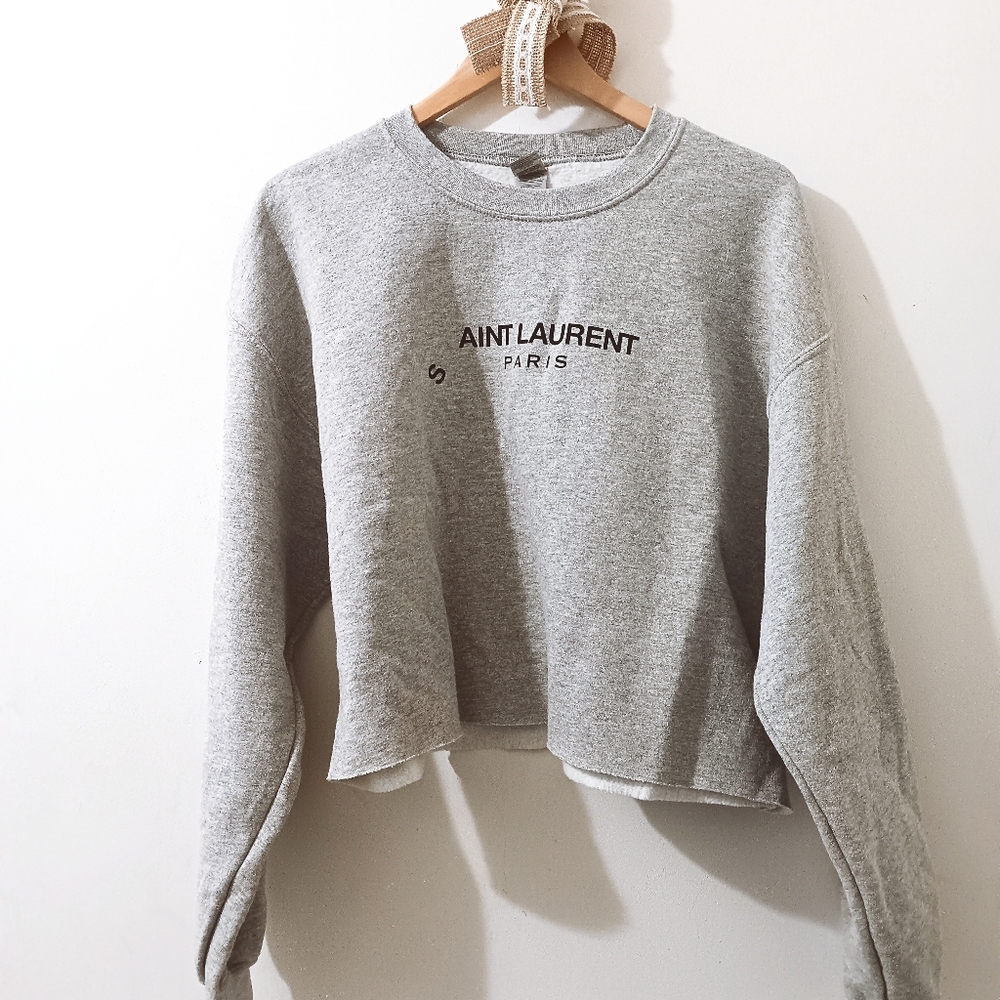 Gildan Gray S Aint Laurent Paris Cropped Graphic Sweatshirt Large